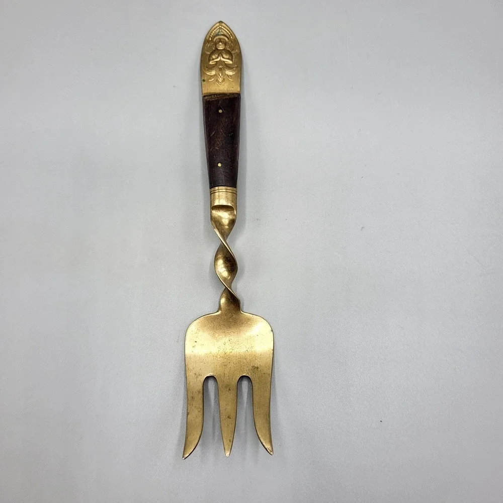 Vintage Serving Fork Brass Wood Spiral Twist Buddha Gold Siam Brown Replacement